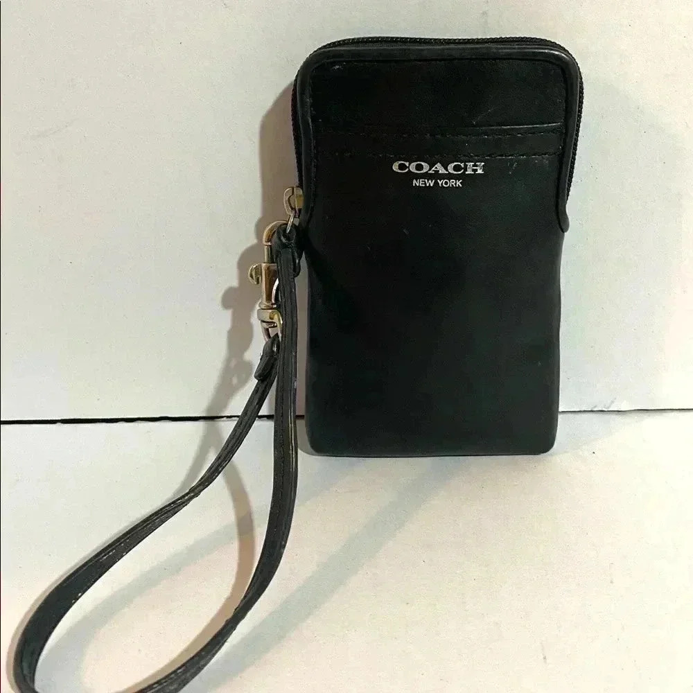 Coach  unisex vintage black leather wristlet bag